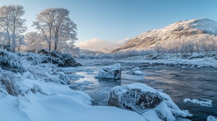 Poster - A serene winter landscape featuring a snowy river and frosted trees under a clear sky.