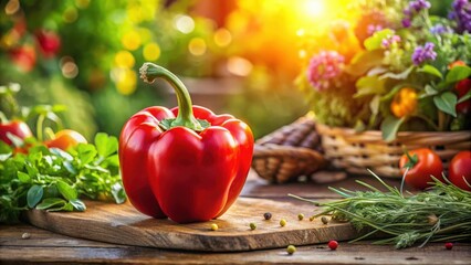 Poster - A vibrant red bell pepper rests on a wooden cutting board, surrounded by fresh herbs and spices, bathed in warm sunlight.