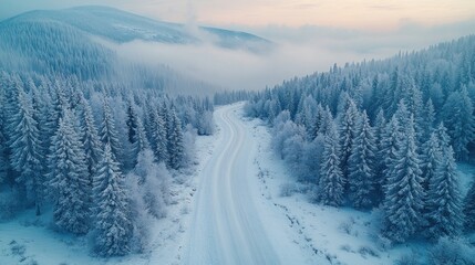 Poster - A serene winter landscape featuring a snowy road winding through frosted trees.