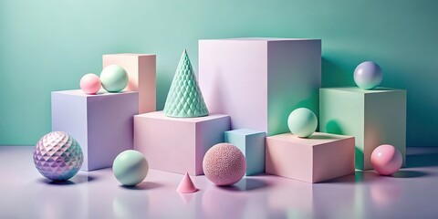 Poster - Abstract pastel geometric shapes composition with spheres, cones, and cubes on a soft purple surface