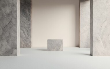 Poster - A minimalist interior space featuring concrete walls and a central cube, creating a serene and modern ambiance.