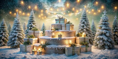 Aufkleber - A Festive Stack of Gifts Adorned with Twinkling Lights and Candles in a Snowy Forest