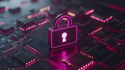Poster - Cyber security concept; glowing padlock on circuit board.