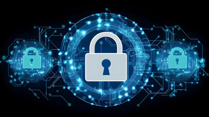Poster - Cyber security concept with three digital padlocks.