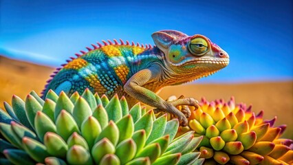 Poster - A vibrant chameleon perched on a succulent, its scales shimmering with a rainbow of colors, against a backdrop of a clear blue sky.