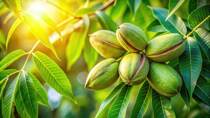 Aufkleber - A close-up view of pecan nuts growing on a tree branch, surrounded by lush green leaves, bathed in the warm glow of the sun.