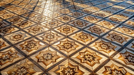 Poster - A captivating perspective of a tiled floor bathed in warm sunlight, showcasing intricate geometric patterns and a play of light and shadow.