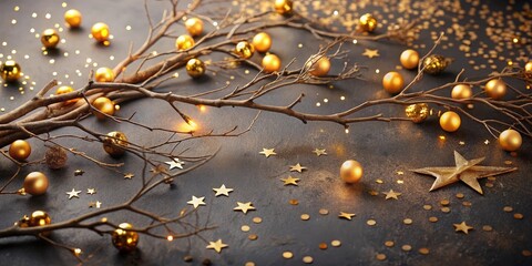 Poster - A festive arrangement of golden baubles, twinkling lights, and star-shaped confetti adorning bare branches against a dark backdrop.