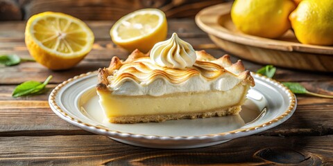 Aufkleber - A slice of lemon meringue pie with a golden crust and a fluffy meringue topping, resting on a white plate and a rustic wooden surface, accompanied by fresh lemons