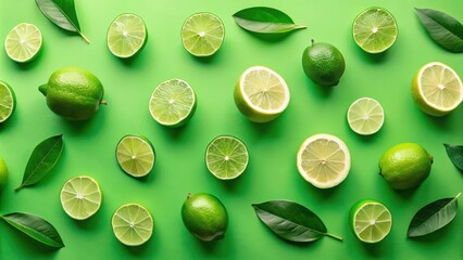 Aufkleber - A vibrant green background adorned with fresh limes, both whole and sliced, creating a visually appealing and refreshing pattern.