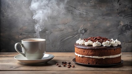 Canvas Print - A steaming cup of coffee and a chocolate cake with white frosting sits on a rustic wooden table, a sweet treat for any occasion.