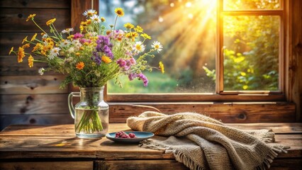Poster - A rustic wooden windowsill with a vase of wildflowers, a knitted blanket, and a bowl of berries in the warm afternoon sun.