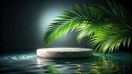 Aufkleber - A Serene Stone Platform Floating on Still Water with Lush Tropical Foliage Overhead
