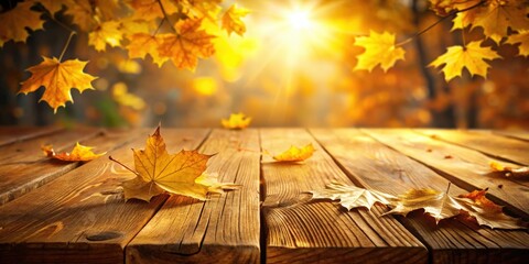 Poster - Golden Autumn Leaves Resting on a Rustic Wooden Table with a Blurred Background of Sunlight Filtering Through Fall Foliage