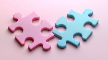 Poster - Two pastel colored puzzle pieces align perfectly on bright surface showcasing their smooth edges and elegant simplicity. connection embodies harmony and modern minimalism.