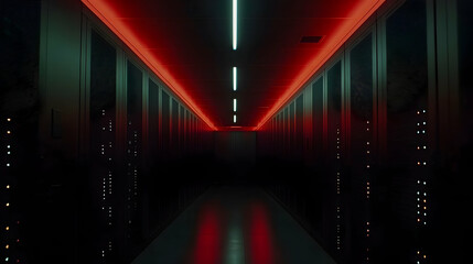 Poster - Dark server room corridor with red and teal lighting.