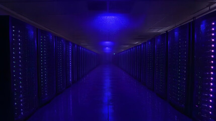 Poster - Dark server room with rows of computer servers lit with blue lights.