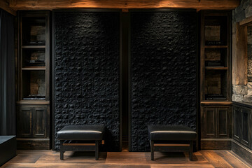 Dark wood paneled room with black textured wall and two benches.