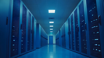 Poster - Data center server room with rows of rack servers.