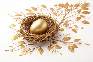 Wall Mural - Beautiful shiny luxury decoration golden egg in cukoo bird nest on white background. The luxury decoration by branch and leaf golden around