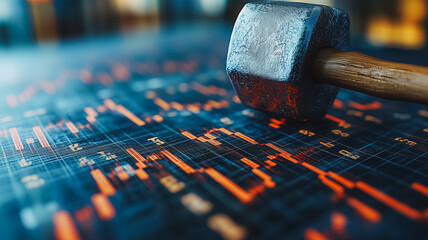 Poster - a hammer is on top of a graph with many lines and numbers