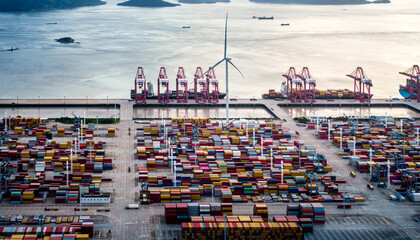 Aufkleber - Aerial view of container port and natural scenery at the seaside