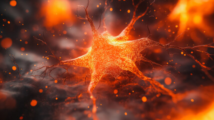 Poster - A close up of a brain cell with a red glow