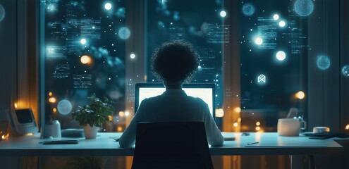 Poster - A focused individual engaged in goal setting and planning at night, illuminated by the glow of a computer screen, surrounded by a serene workspace with city lights in the background.