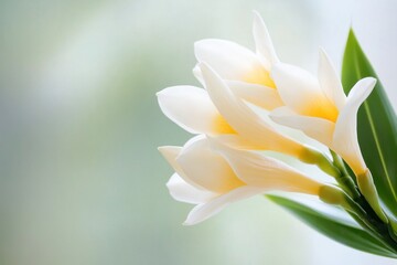 Poster - Delicate white flowers with soft yellow accents bloom gracefully, surrounded by a calming background, creating a serene atmosphere that emphasizes nature\'s beauty