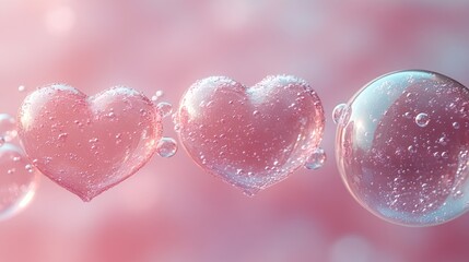 Poster - Three delicate pink hearts float softly among translucent bubbles, set against a dreamy pink background that evokes feelings of love and tranquility, perfect for a romantic setting