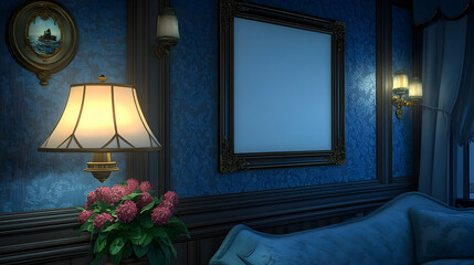 Wall Mural - Elegant blue room interior with blank frame, lamp, flowers, and couch at night.