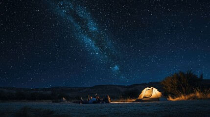 Poster - A group of campers lying on their backs outside their tents, stargazing at a clear night sky filled with stars and constellations. 