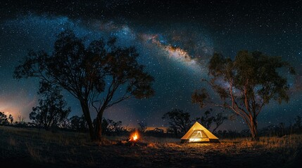 Poster - A camping tent set up in the wilderness under a stunning night sky filled with stars, with a glowing campfire in the foreground. 