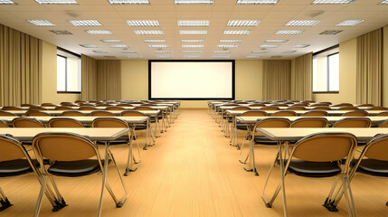 Poster - Empty conference room with projector screen and rows of tables and chairs.