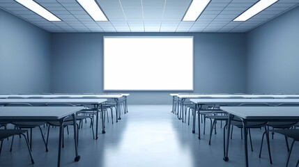Poster - Empty conference room with blank screen, tables, and chairs.
