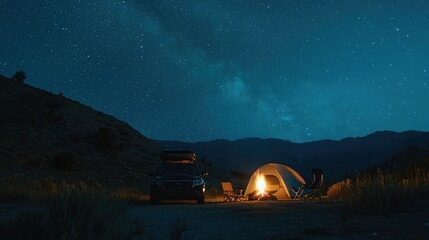Poster - A car parked under the stars at night, with a camping setup including a tent, chairs, and a campfire nearby. 
