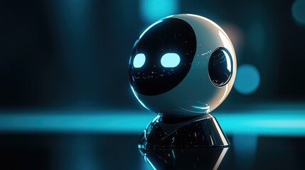 Poster - A simple AI robot icon with a sleek metallic finish, displayed on a glowing background, representing artificial intelligence in a tech-driven world. 