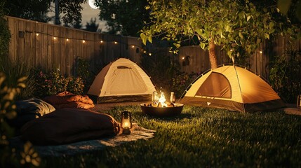 a backyard camping setup with tents, sleeping bags, and a fire pit, illuminated by lanterns and the 