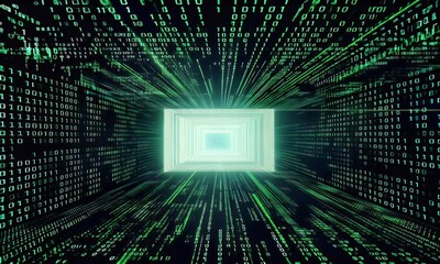 Leinwandbilder - Flying through dynamic binary code matrix animation with glowing green numbers cascading down a dark cyberspace background, illustrating futuristic digital technology.