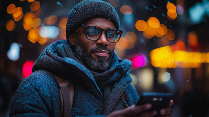Poster - A man wearing a black coat and a hat is looking at his cell phone. He is smiling and he is enjoying himself
