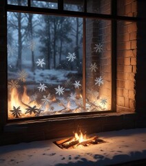 A frosty windowpane with snowflakes gently falling on it, reflecting the warmth of a crackling fireplace, fireplace glow, frosty pane, warm light