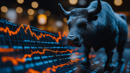 Poster - a bull is standing in front of a screen with a lot of numbers and graphs