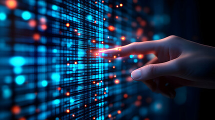 Poster - Fingertip interacting with digital data stream; glowing matrix.