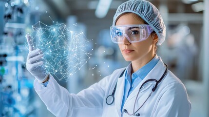 Poster - Scientist Examining Futuristic Hologram Interface in Advanced Medical Laboratory