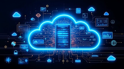 Poster - Cloud technology and data center concept with isometric network devices in neon cyberspace