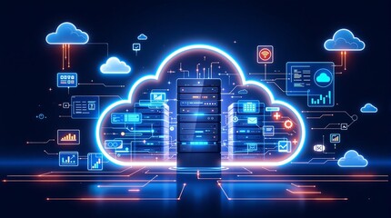 Poster - Cloud technology and data center concept with isometric network devices in neon cyberspace