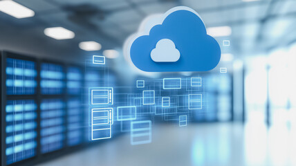 Poster - A blue cloud with a white outline is displayed on a computer screen. The cloud is surrounded by a blue background and is surrounded by a blue border. Concept of technology and innovation