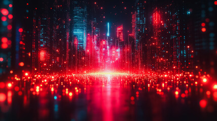 Poster - A cityscape with a red and blue background. The city is lit up with bright lights and the atmosphere is energetic and lively