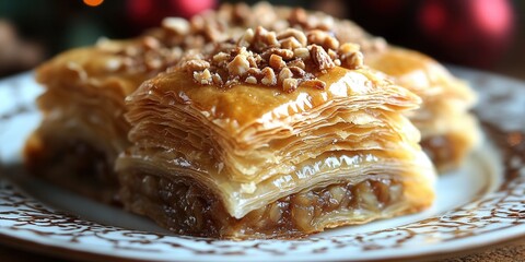 Wall Mural - Decadent layers of traditional baklava topped with crushed nuts served on an ornate plate, perfect for festive gatherings or dessert lovers