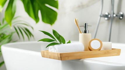 Canvas Print - Luxurious Minimalist Bathroom with Bamboo Accents and Lush Greenery